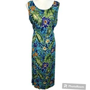 White Stag Women's Size M Green Tropical Round Neck Sleeveless‎ Shift Dress Vtg.